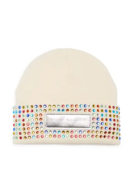 NWT Kurt Geiger London Logo Patch Crystal Cuff Beanie One Size, BONE MULTI main image 5